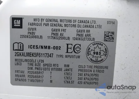 2015 GMC Terrain Sle-1 z USA, uszkodzony, nr VIN 2GKALMEK5F6117347